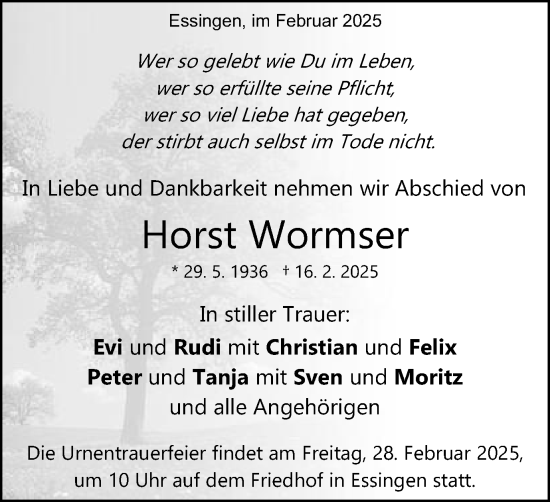 Traueranzeige von Horst Wormser von Schwäbische Post