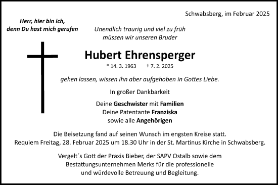 Traueranzeige von Hubert Ehrensperger von Schwäbische Post