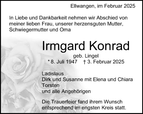 Traueranzeige von Irmgard Konrad von Schwäbische Post