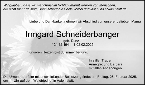 Traueranzeige von Irmgard Schneiderbanger von Schwäbische Post