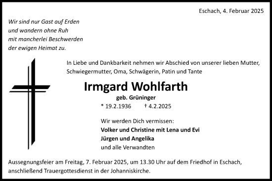 Traueranzeige von Irmgard Wohlfarth von Gmünder Tagespost