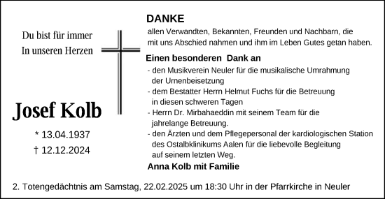 Traueranzeige von Josef Kolb von Schwäbische Post