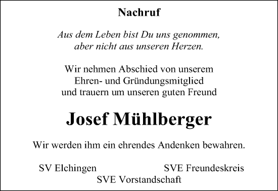Traueranzeige von Josef Mühlberger von Schwäbische Post