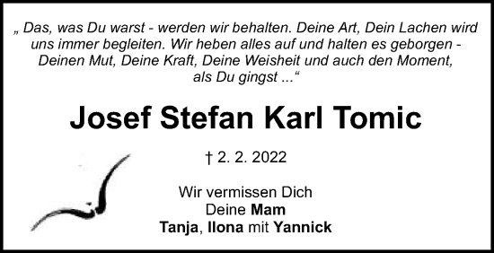 Traueranzeige von Josef Stefan Karl Tomic von Schwäbische Post