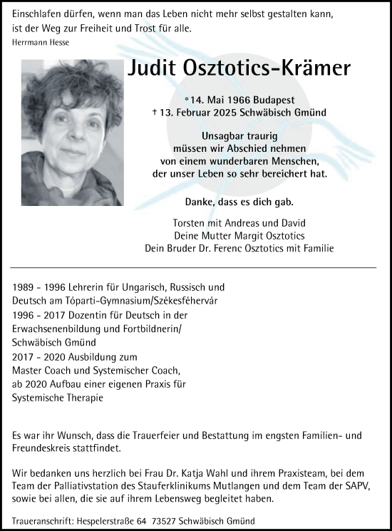 Traueranzeige von Judit Osztotics-Krämer von Gmünder Tagespost