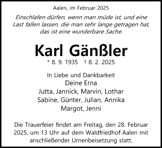 Traueranzeige von Karl Gänßler von Schwäbische Post