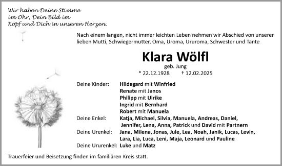 Traueranzeige von Klara Wölfl von Schwäbische Post
