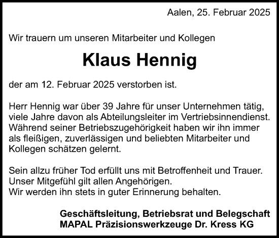 Traueranzeige von Klaus Hennig von Schwäbische Post