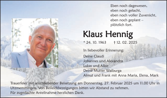 Traueranzeige von Klaus Hennig von Schwäbische Post