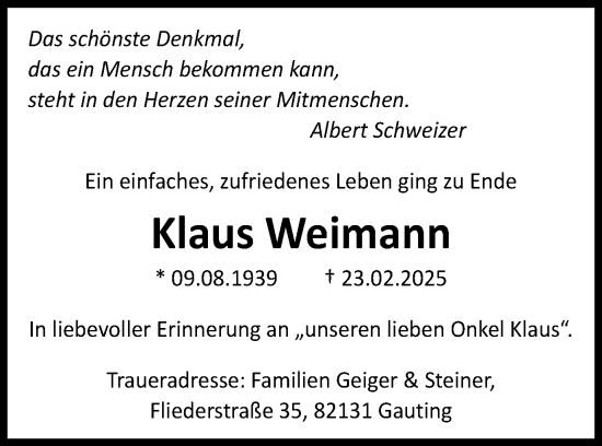 Traueranzeige von Klaus Weimann von Schwäbische Post