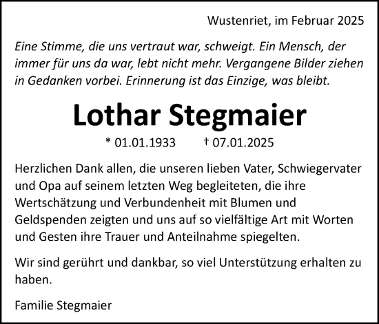 Traueranzeige von Lothar Stegmaier von Gmünder Tagespost