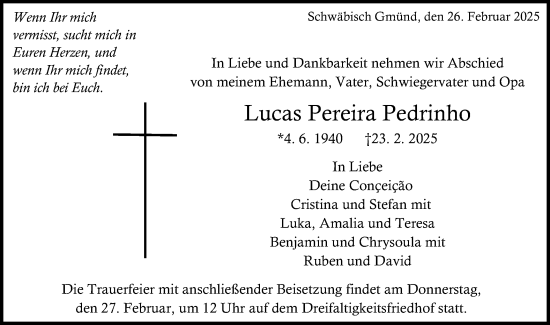 Traueranzeige von Lucas Pereira Pedrinho von Gmünder Tagespost