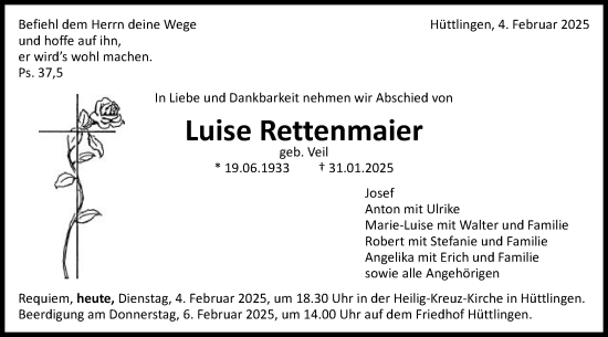 Traueranzeige von Luise Rettenmaier von Schwäbische Post