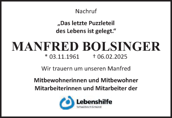 Traueranzeige von Manfred Bolsinger von Gmünder Tagespost