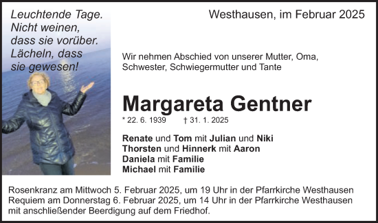 Traueranzeige von Margareta Gentner von Schwäbische Post