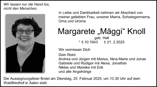 Traueranzeige von Margarete Knoll von Schwäbische Post