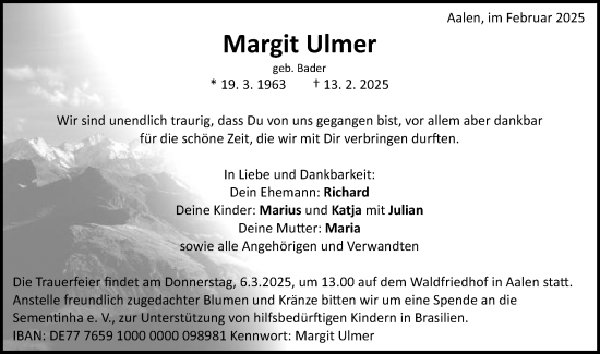 Traueranzeige von Margit Ulmer von Schwäbische Post