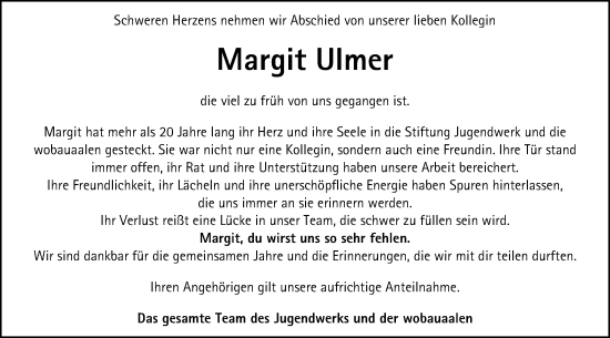 Traueranzeige von Margit Ulmer von Schwäbische Post