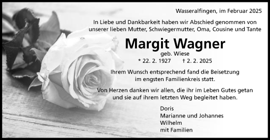 Traueranzeige von Margit Wagner von Schwäbische Post