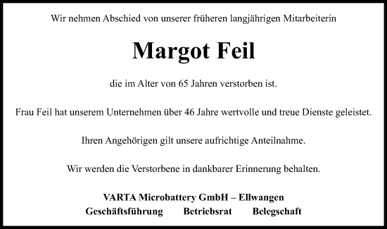 Traueranzeige von Margot Feil von Schwäbische Post