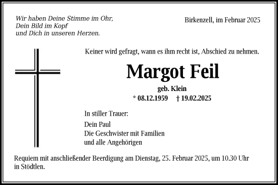 Traueranzeige von Margot Feil von Schwäbische Post
