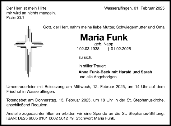 Traueranzeige von Maria Funk von Schwäbische Post