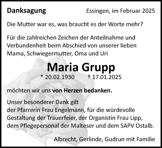Traueranzeige von Maria Grupp von Schwäbische Post