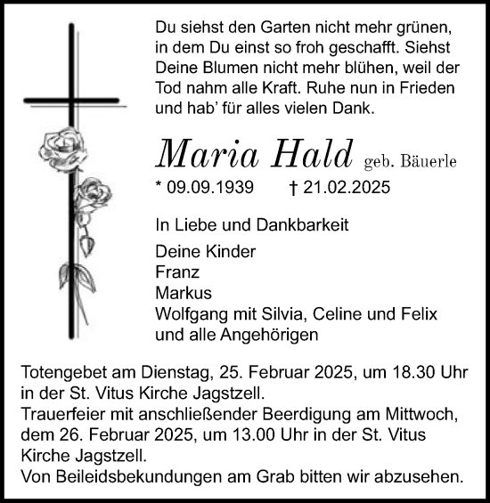 Traueranzeige von Maria Hald von Schwäbische Post