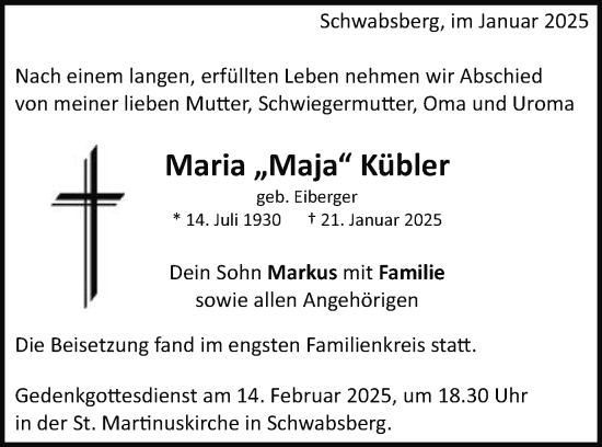 Traueranzeige von Maria Kübler von Schwäbische Post