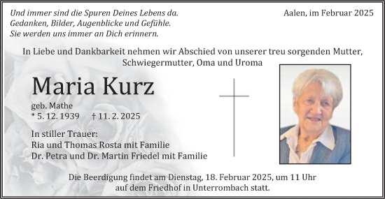 Traueranzeige von Maria Kurz von Schwäbische Post