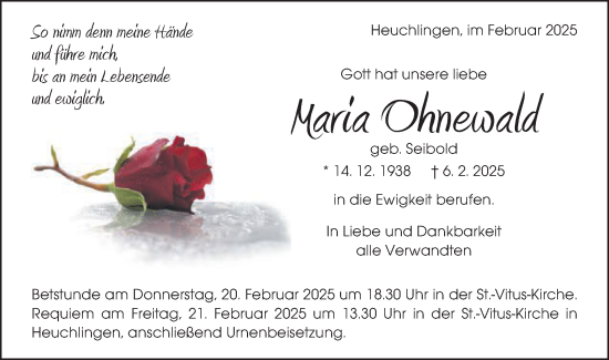 Traueranzeige von Maria Ohnewald von Gmünder Tagespost