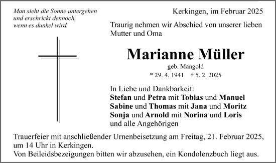 Traueranzeige von Marianne Müller von Schwäbische Post