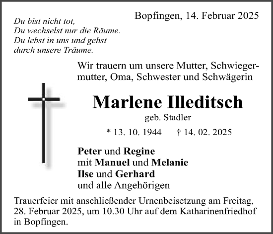 Traueranzeige von Marlene Illeditsch von Schwäbische Post