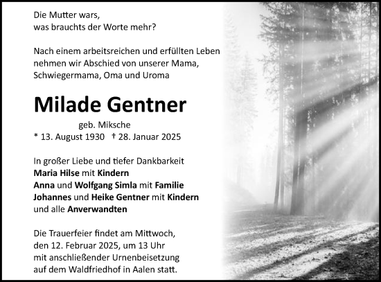Traueranzeige von Milade Gentner von Schwäbische Post