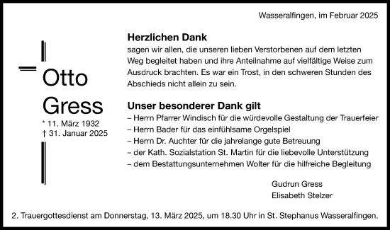 Traueranzeige von Otto Gress von Schwäbische Post