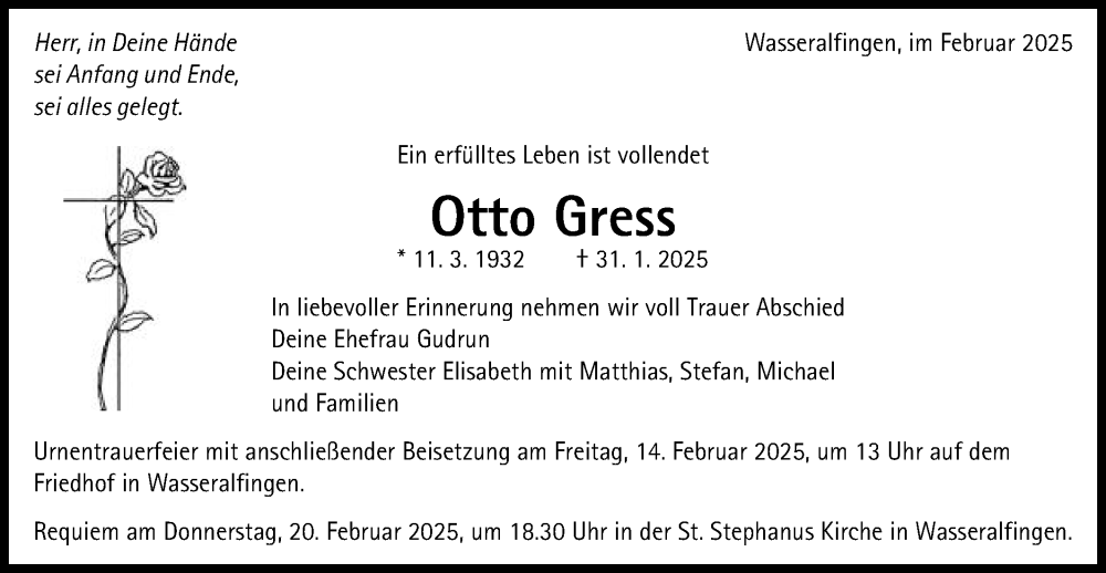  Traueranzeige für Otto Gress vom 11.02.2025 aus Schwäbische Post
