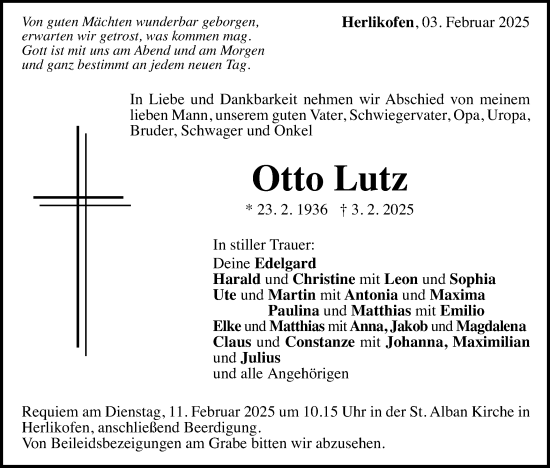 Traueranzeige von Otto Lutz von Gmünder Tagespost