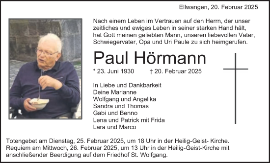 Traueranzeige von Paul Hörmann von Schwäbische Post