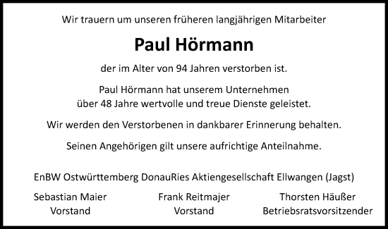 Traueranzeige von Paul Hörmann von Schwäbische Post