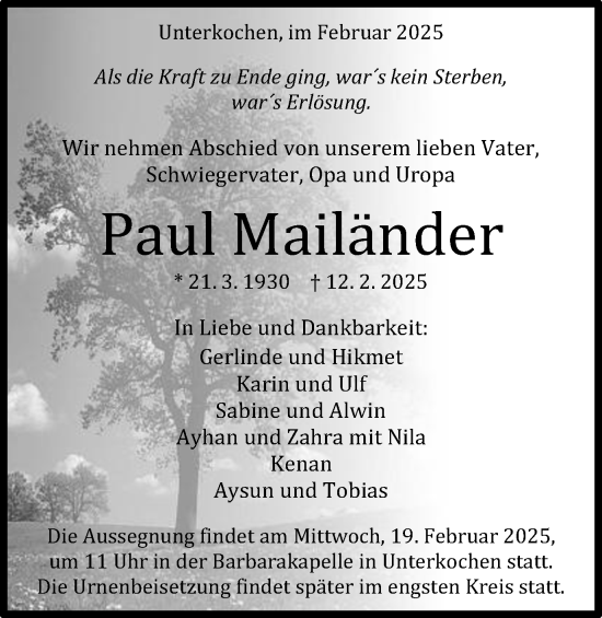 Traueranzeige von Paul Mailänder von Schwäbische Post