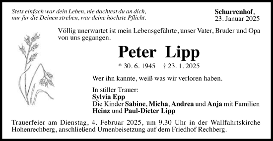 Traueranzeige von Peter Lipp von Gmünder Tagespost