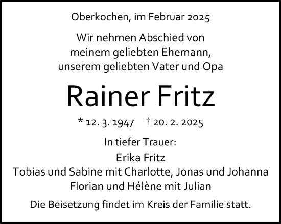 Traueranzeige von Rainer Fritz von Schwäbische Post