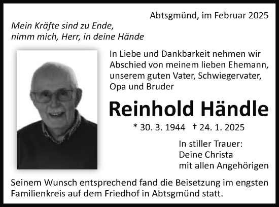 Traueranzeige von Reinhold Händle von Schwäbische Post