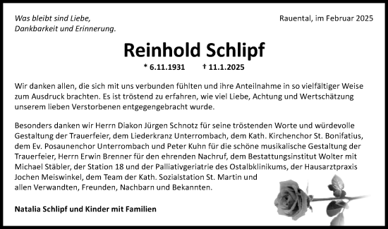 Traueranzeige von Reinhold Schlipf von Schwäbische Post