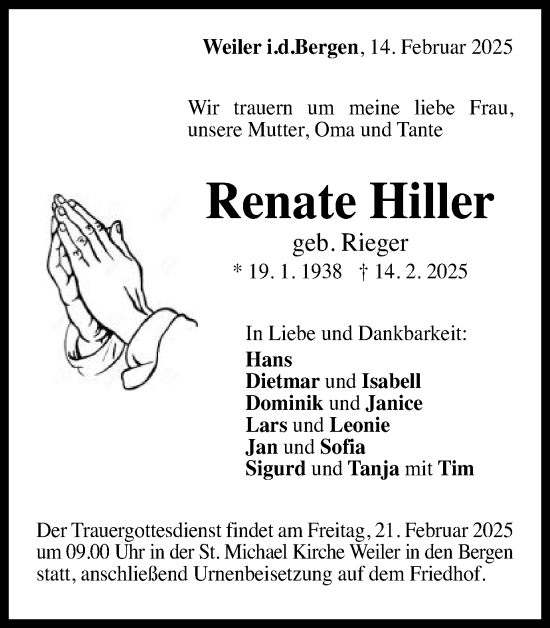 Traueranzeige von Renate Hiller von Gmünder Tagespost