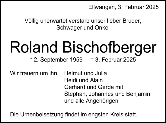 Traueranzeige von Roland Bischofberger von Schwäbische Post