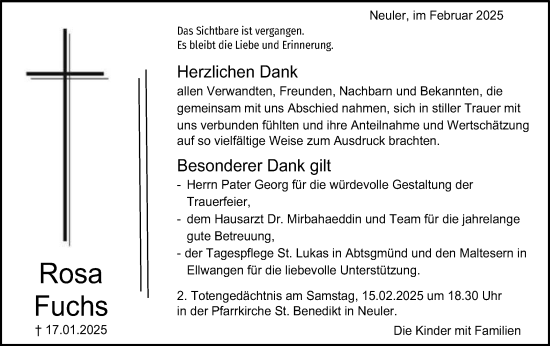 Traueranzeige von Rosa Fuchs von Schwäbische Post