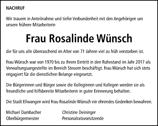 Traueranzeige von Rosalinde Wünsch von Schwäbische Post