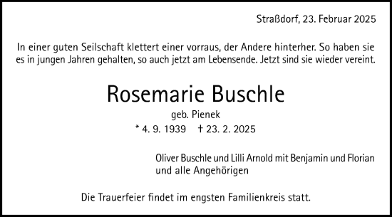 Traueranzeige von Rosemarie Buschle von Gmünder Tagespost
