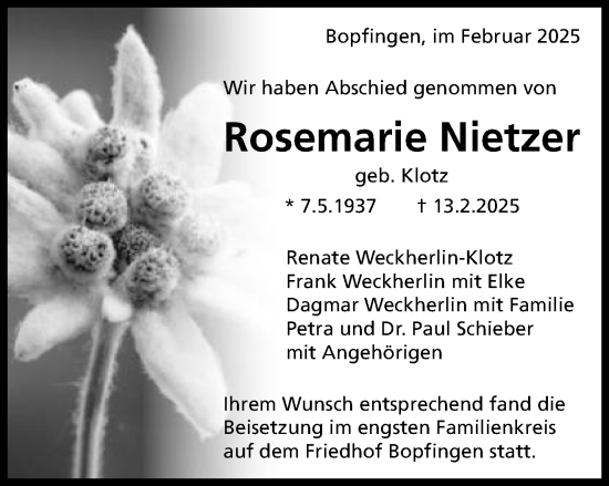 Traueranzeige von Rosemarie Nietzer von Schwäbische Post